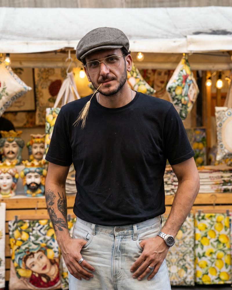 Ritratto di Alessandro Mattia, titolare di Pistho, con la coppola siciliana e una spiga tra le labbra