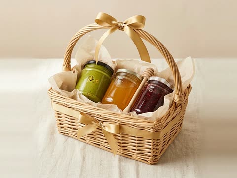 Cesto di vimini con nastro dorato e tre vasetti: crema di pistacchio, miele e confettura