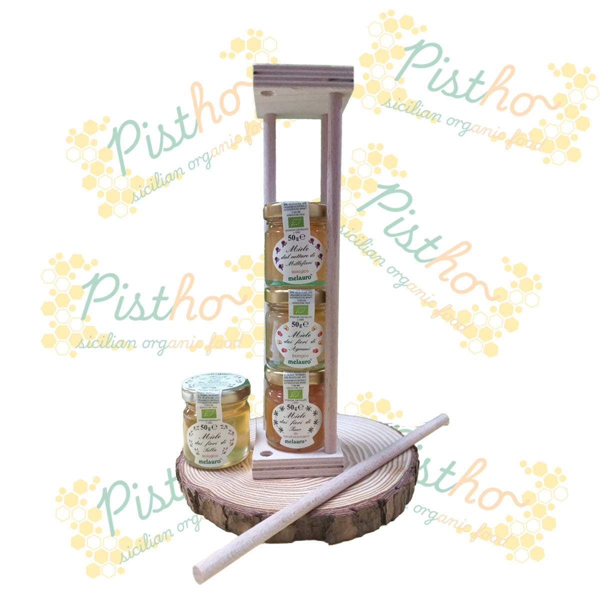 Colonna di legno con 4 vasetti di miele da 50g