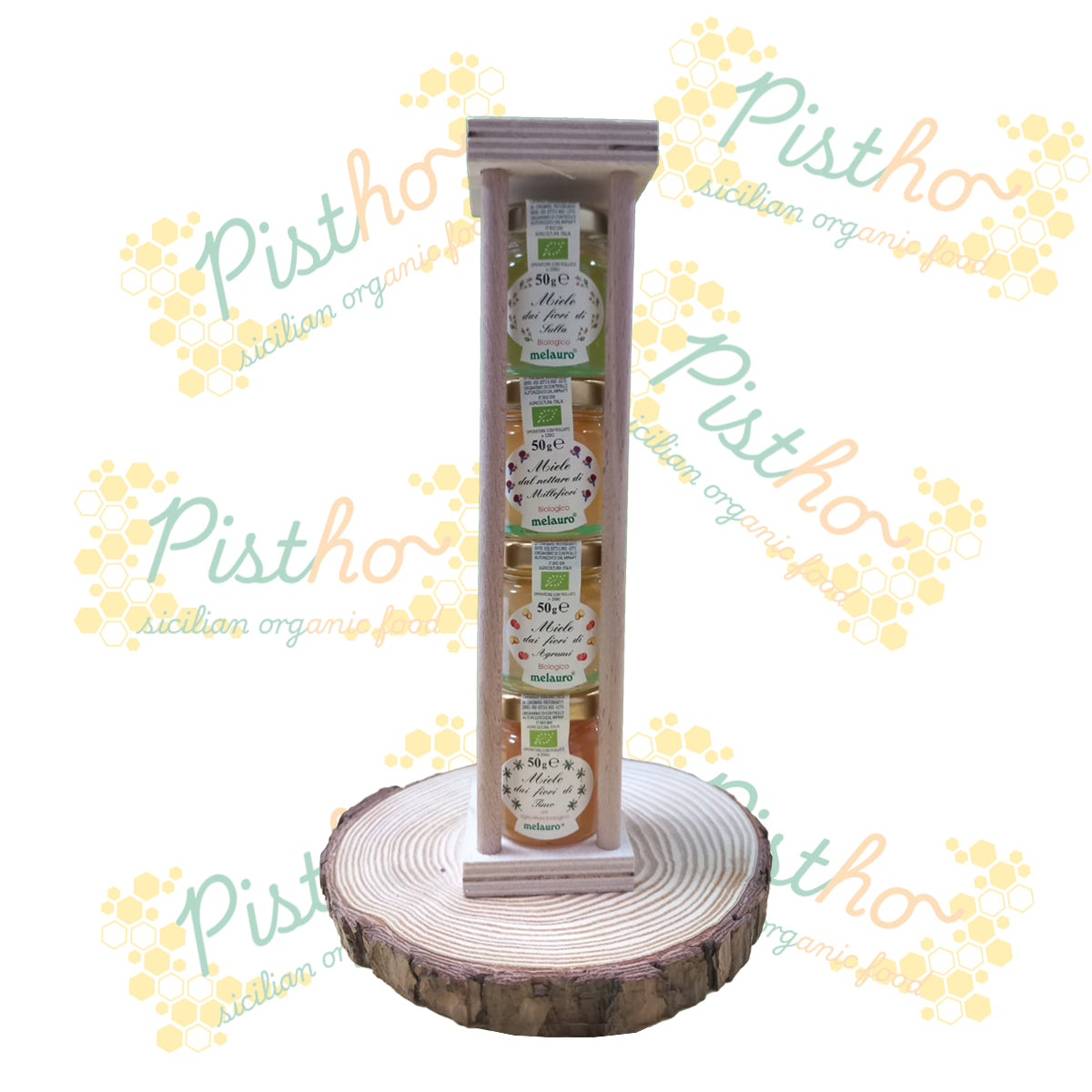 Colonna di legno con 4 vasetti di miele da 50g