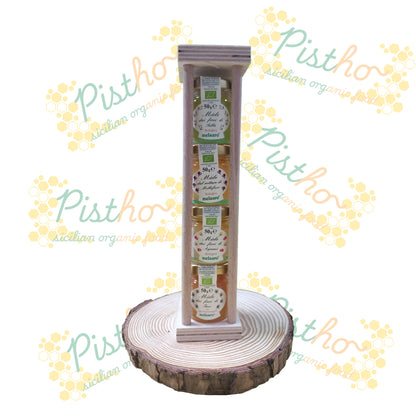 Colonna di legno con 4 vasetti di miele da 50g