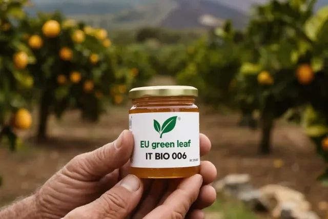 Vasetto artigianale con etichetta certificazione biologica IT BIO 006 e logo UE